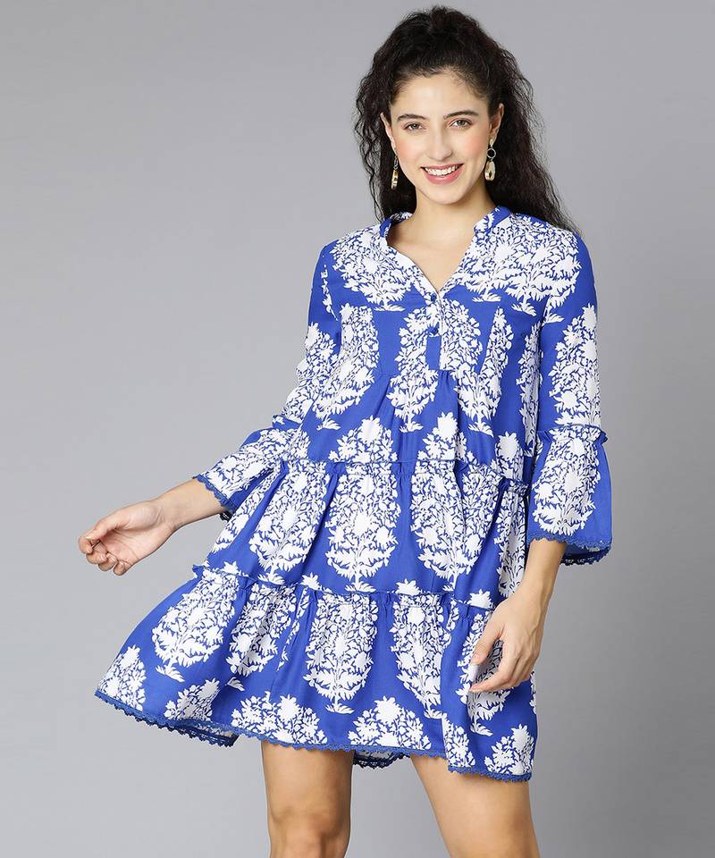 Rich blue tropical print women dress