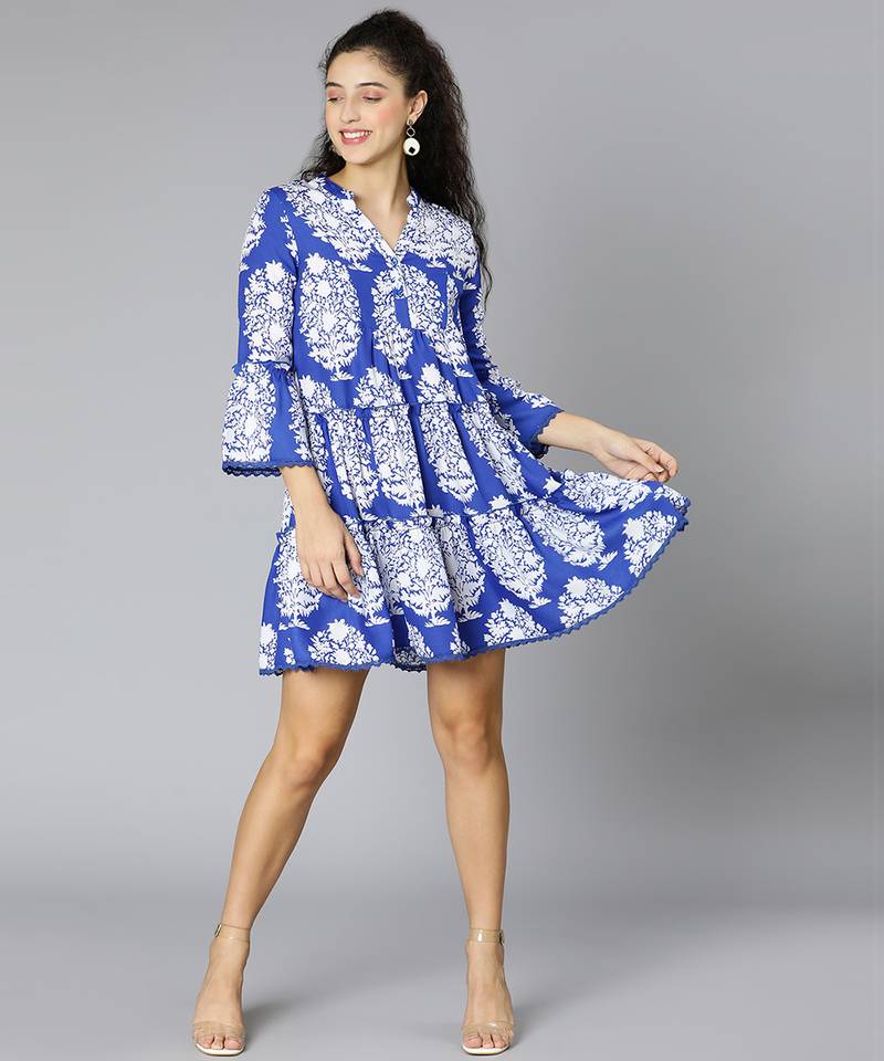 Rich blue tropical print women dress