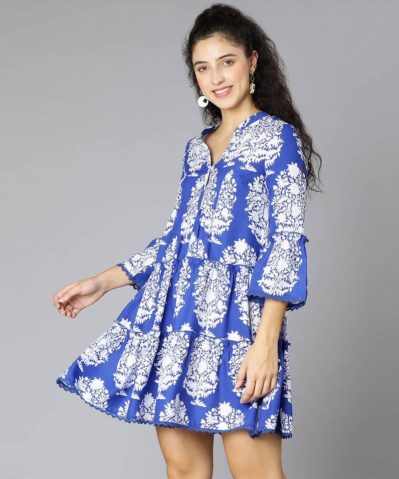 Rich blue tropical print women dress