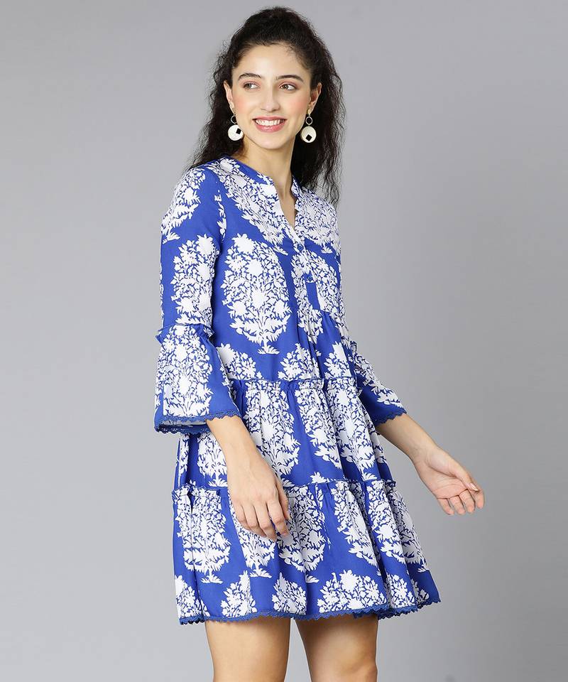 Rich blue tropical print women dress