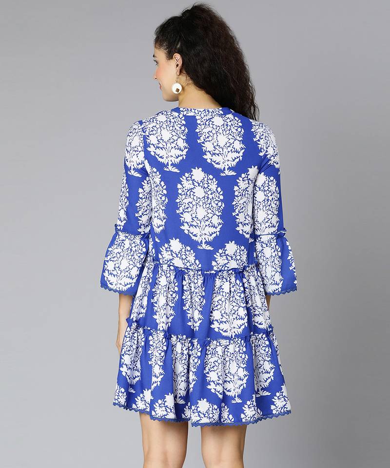 Rich blue tropical print women dress