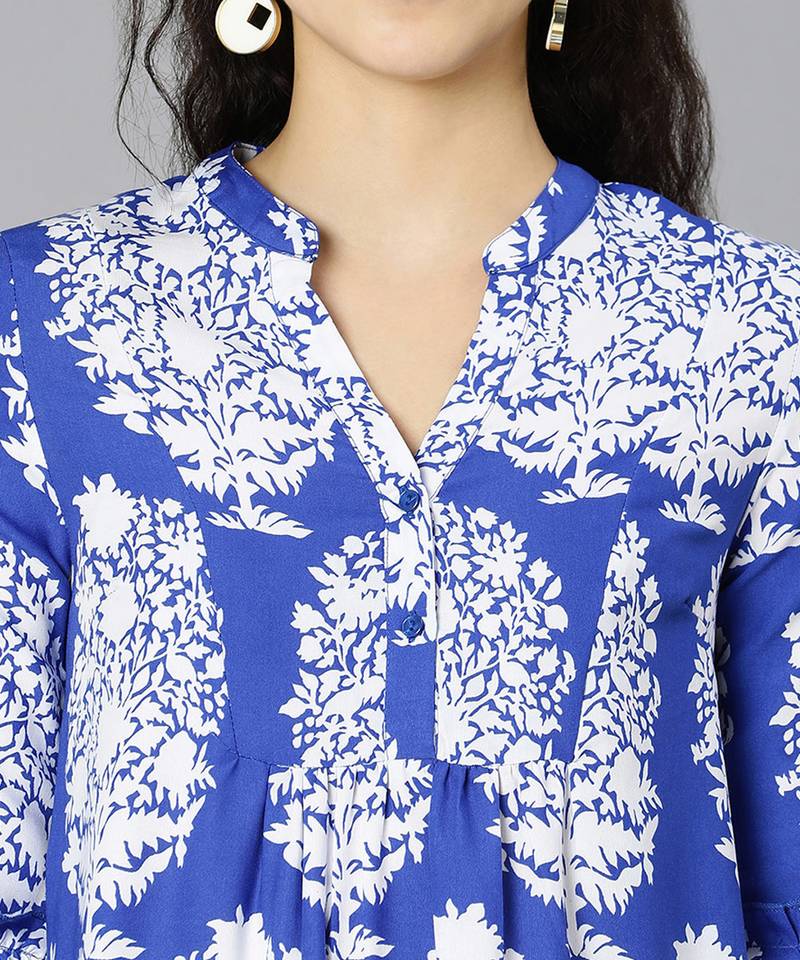 Rich blue tropical print women dress