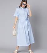 Sky blue stripes print button-down women dress