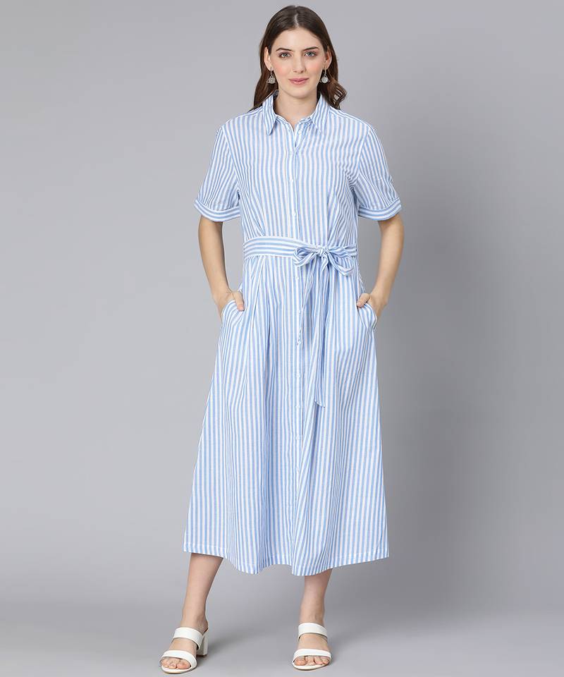 Sky blue stripes print button-down women dress