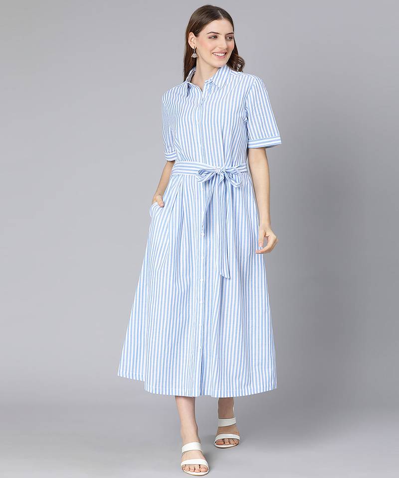 Sky blue stripes print button-down women dress