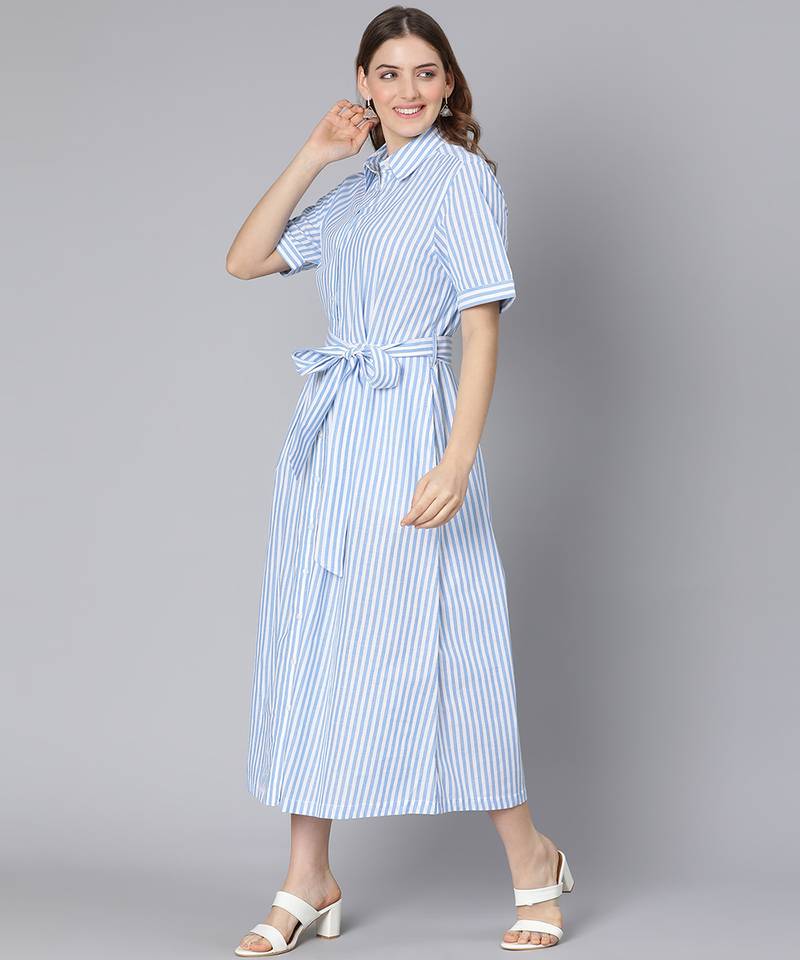 Sky blue stripes print button-down women dress
