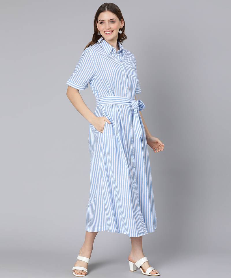 Sky blue stripes print button-down women dress