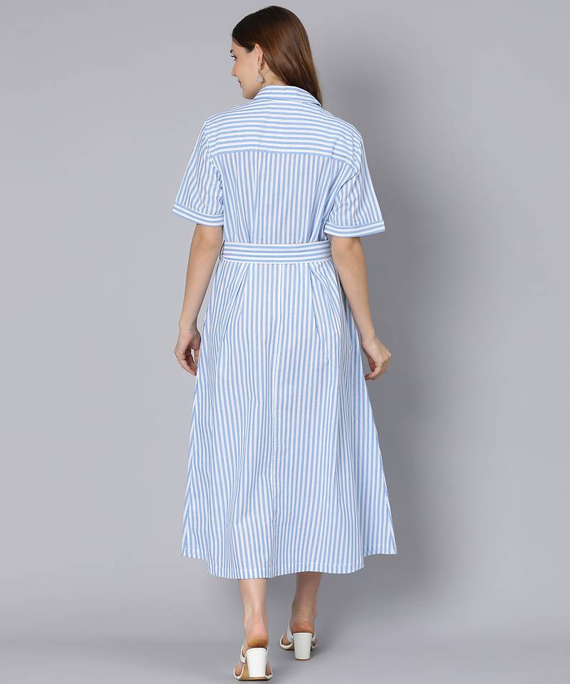 Sky blue stripes print button-down women dress