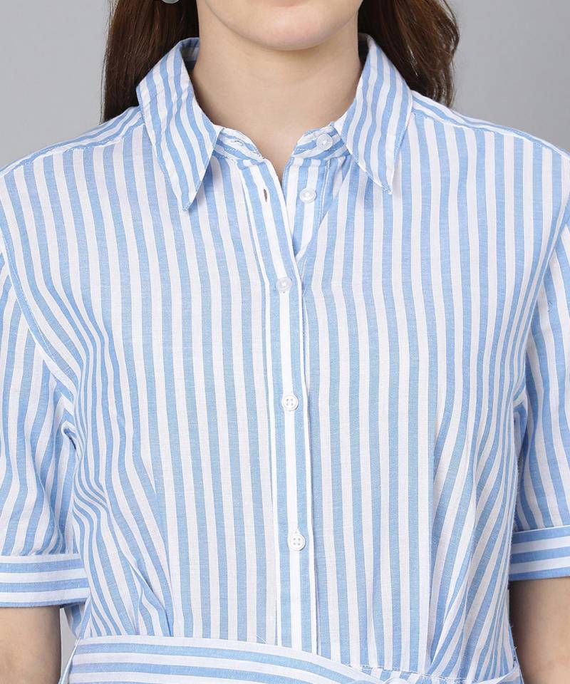 Sky blue stripes print button-down women dress