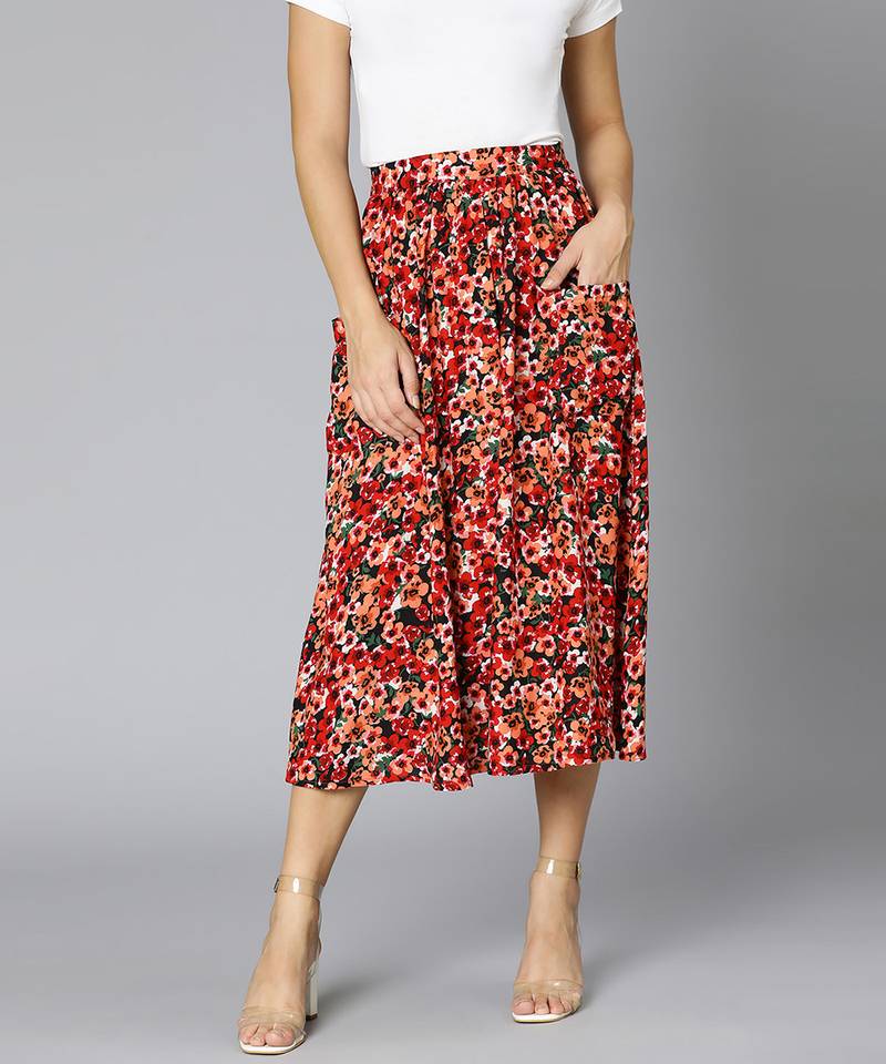 Gagggle red floral print elasticated women skirt