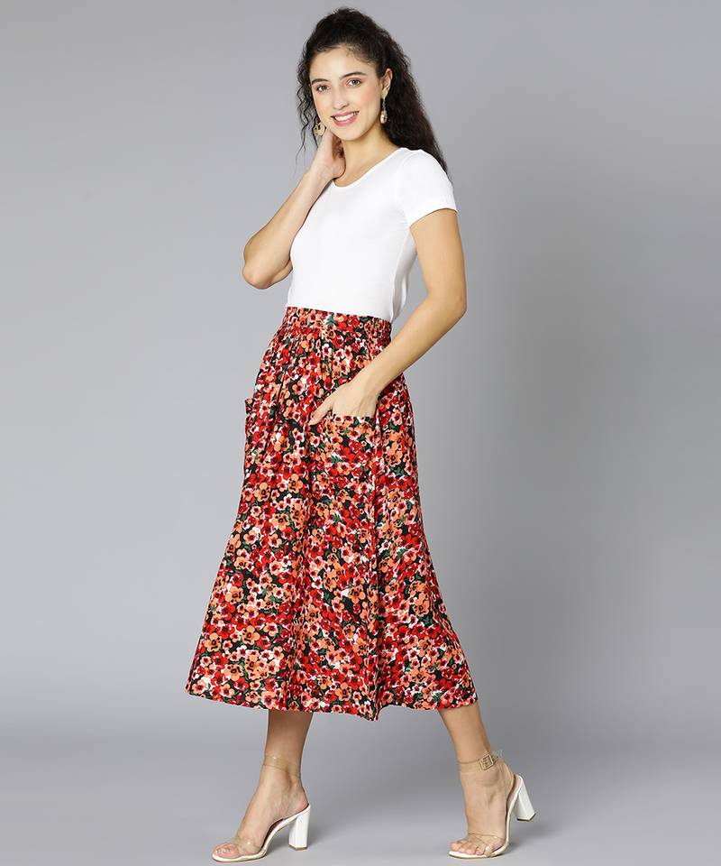 Gagggle red floral print elasticated women skirt