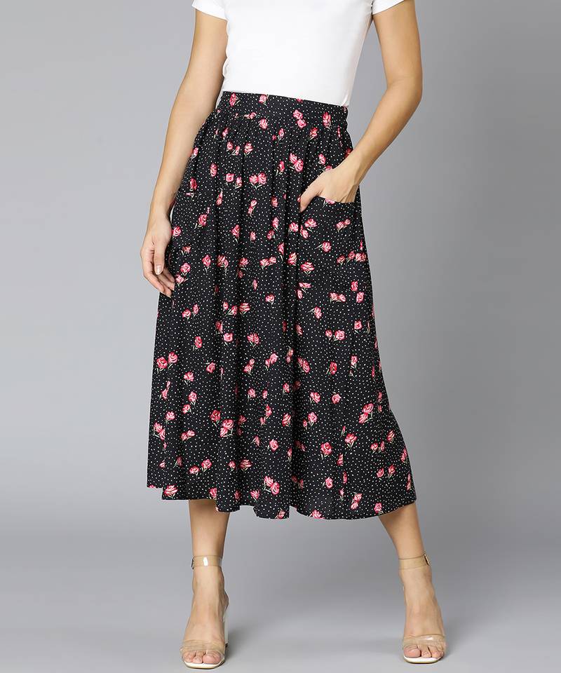 Jacked black floral rpint elasticated women skirt
