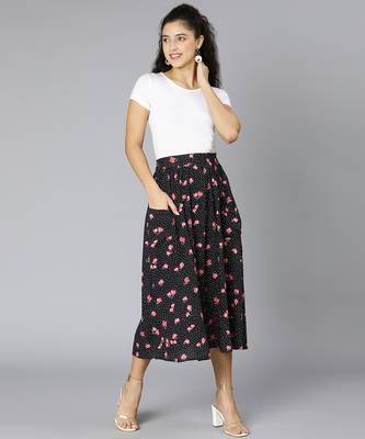 Jacked black floral rpint elasticated women skirt 3