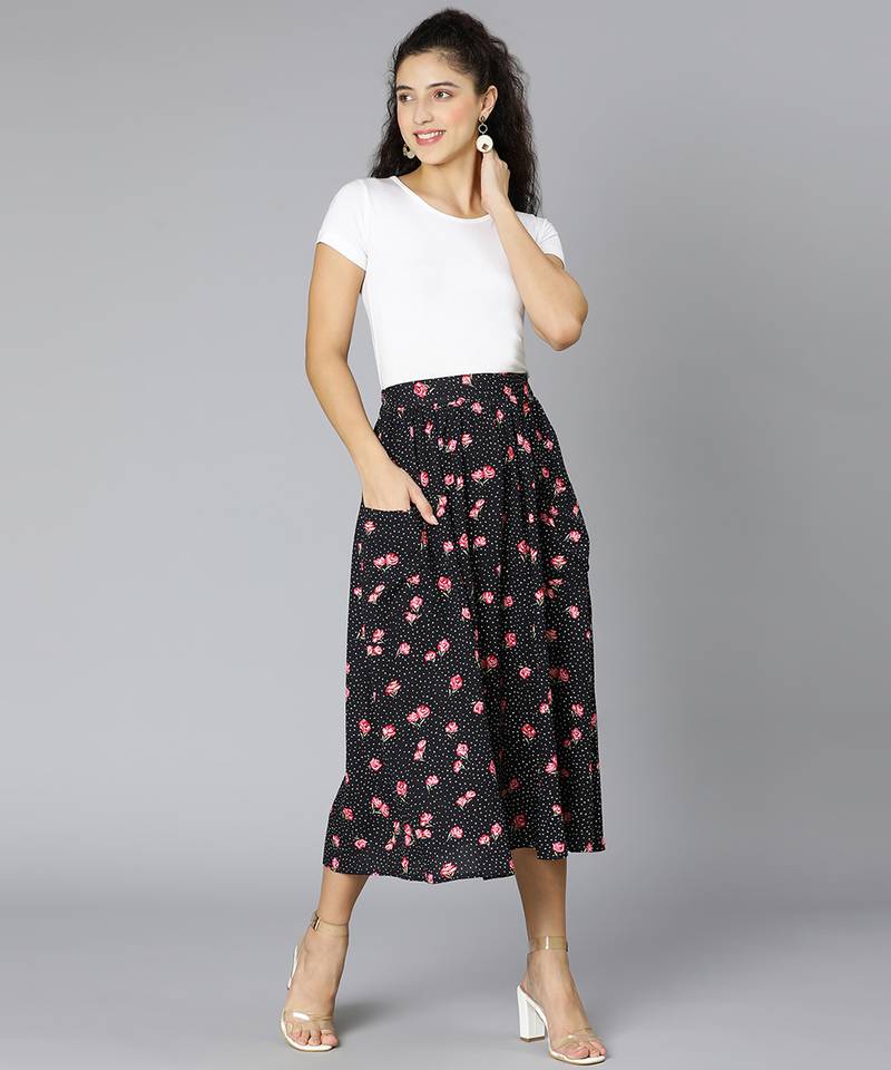 Jacked black floral rpint elasticated women skirt