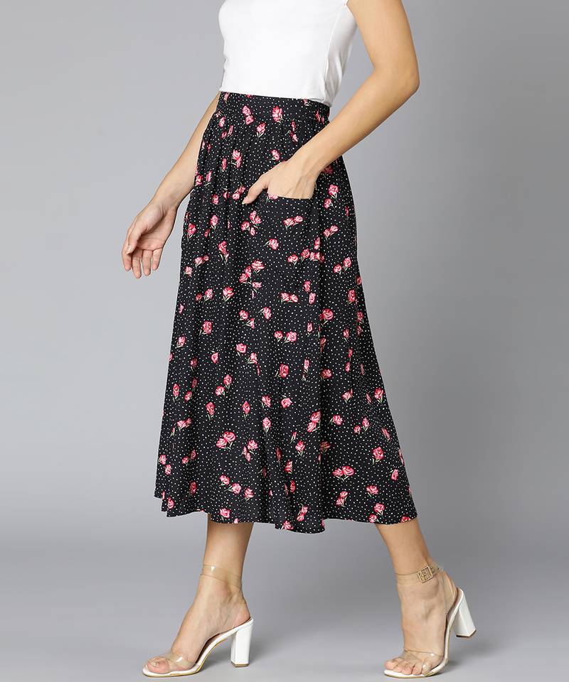 Jacked black floral rpint elasticated women skirt