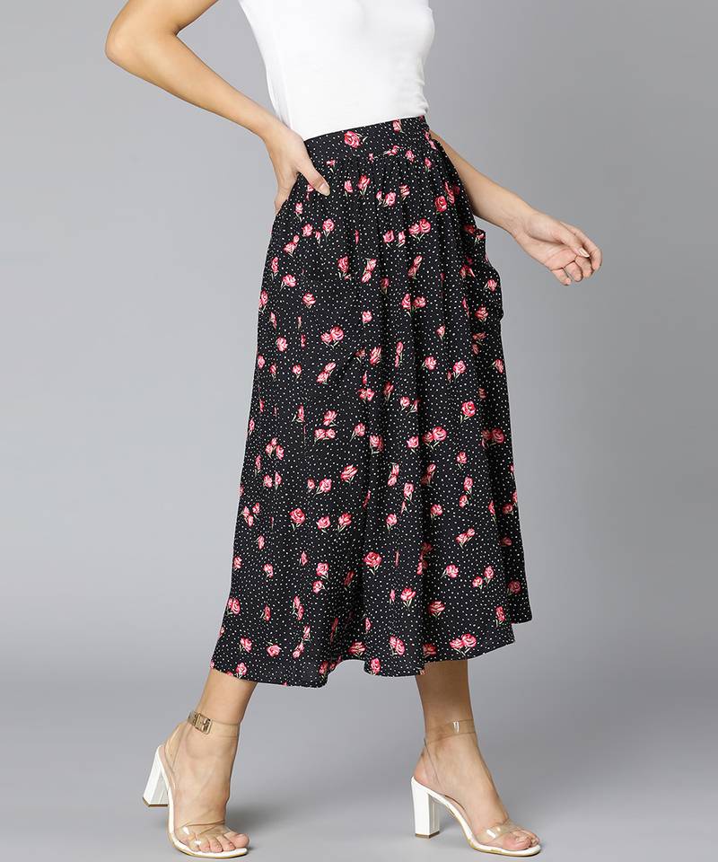 Jacked black floral rpint elasticated women skirt
