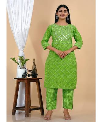 Women's COTTON CAMBRIC  Printed mirror work kurti with pant  set 2