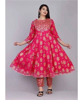 Women's Gold Printed Kurti Pant with dupatta set 1