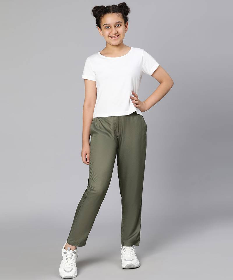 Gleam olive elasticated  girl pant