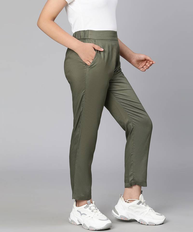 Gleam olive elasticated  girl pant