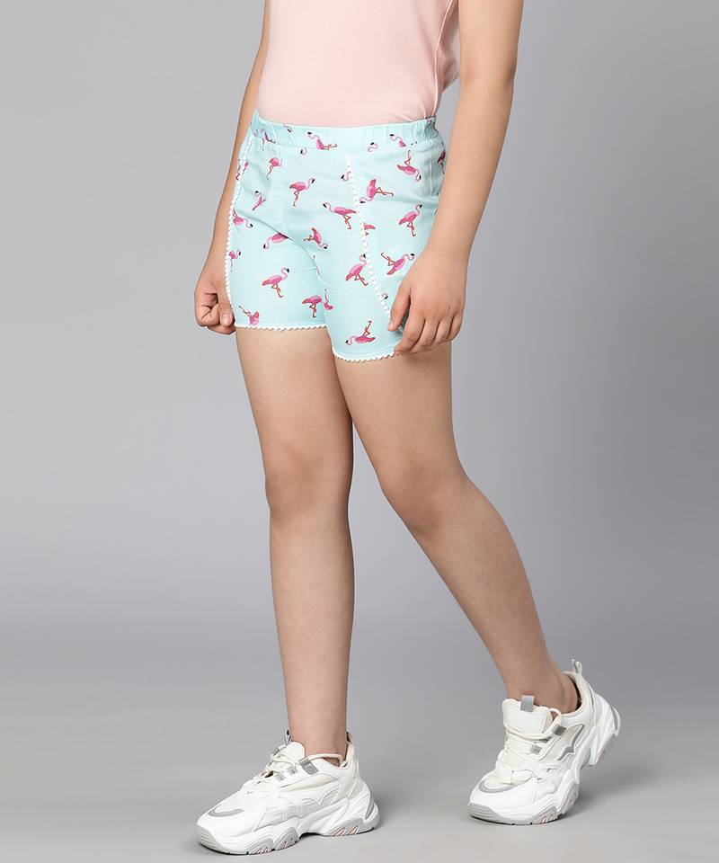Watery blue bird printed elasticated girl shorts