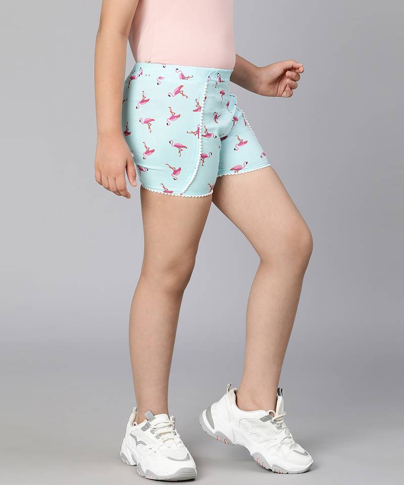 Watery blue bird printed elasticated girl shorts