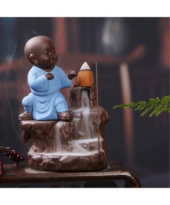 eCraftIndia Karate Style Monk Buddha Decorative Showpiece with 10 free Smoke Backflow Scented Cone Incenses 1
