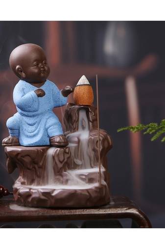 eCraftIndia Karate Style Monk Buddha Decorative Showpiece with 10 free Smoke Backflow Scented Cone Incenses