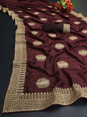 Brown embroidered faux khadi saree with blouse 5