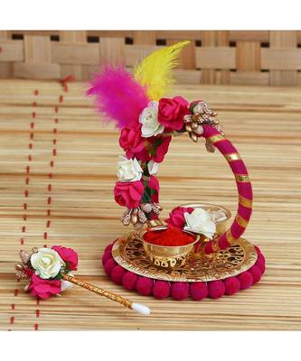 eCraftIndia Handcrafted Decorative Roli Tikka Holder with designer stick and Colorful Feathers 1