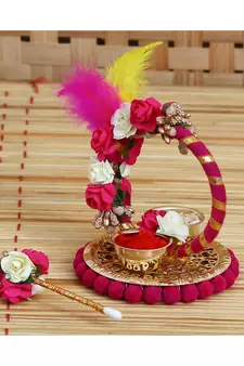 eCraftIndia Handcrafted Decorative Roli Tikka Holder with designer stick and Colorful Feathers