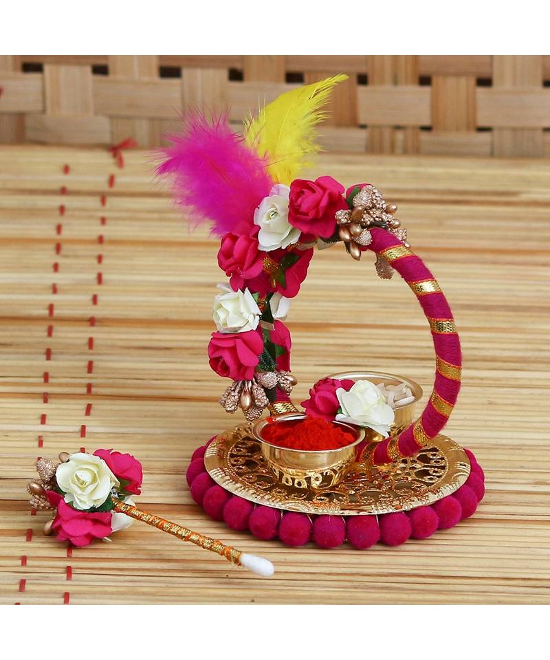 eCraftIndia Handcrafted Decorative Roli Tikka Holder with designer stick and Colorful Feathers