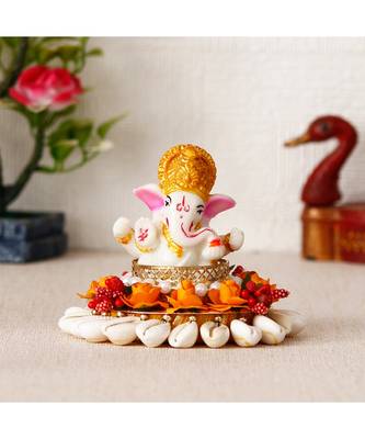 eCraftIndia Lord Ganesha Idol on Shells and Orange Floral Handcrafted Singhasan for Home/Temple/Office/Car Dashboard 1