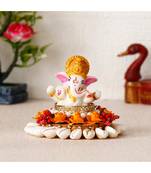 eCraftIndia Lord Ganesha Idol on Shells and Orange Floral Handcrafted Singhasan for Home/Temple/Office/Car Dashboard