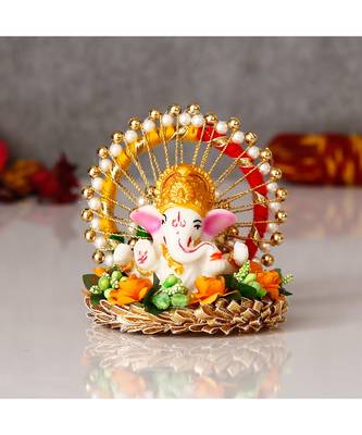 eCraftIndia Lord Ganesha Idol on Floral Gottapatti Base Handcrafted Singhasan for Home/Temple/Office/Car Dashboard 1