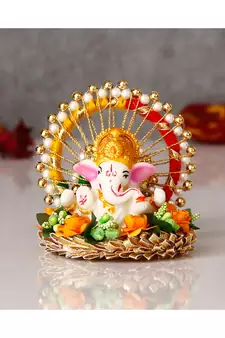 eCraftIndia Lord Ganesha Idol on Floral Gottapatti Base Handcrafted Singhasan for Home/Temple/Office/Car Dashboard