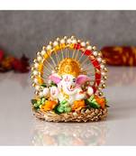 eCraftIndia Lord Ganesha Idol on Floral Gottapatti Base Handcrafted Singhasan for Home/Temple/Office/Car Dashboard