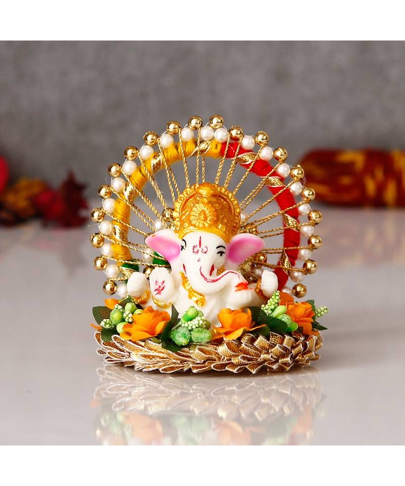 eCraftIndia Lord Ganesha Idol on Floral Gottapatti Base Handcrafted Singhasan for Home/Temple/Office/Car Dashboard