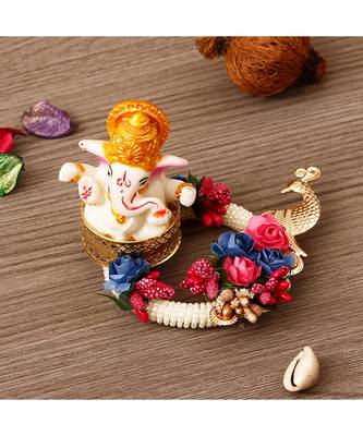 Lord Ganesha Idol on Blue & Pink Floral Pearl Base with Peacock Handcrafted Singhasan for HomeTempleficeCar Dashboard 1
