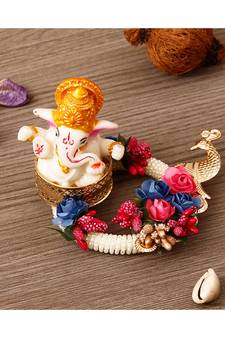 Lord Ganesha Idol on Blue & Pink Floral Pearl Base with Peacock Handcrafted Singhasan for HomeTempleficeCar Dashboard