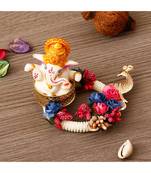 Lord Ganesha Idol on Blue & Pink Floral Pearl Base with Peacock Handcrafted Singhasan for HomeTempleficeCar Dashboard