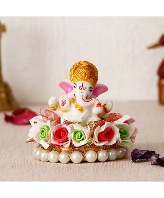 eCraftIndia Lord Ganesha Idol on Floral and Pearl Decorative Handcrafted Singhasan for Home/Temple/Office/Car Dashboard 1