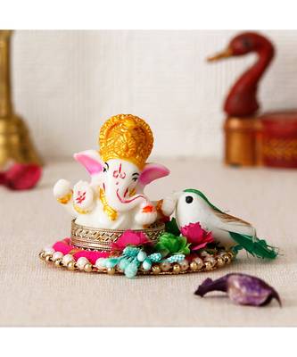 eCraftIndia Lord Ganesha Idol on Decorative Handcrafted Floral Plate with Bird for Home/Temple/Office/Car Dashboard 1