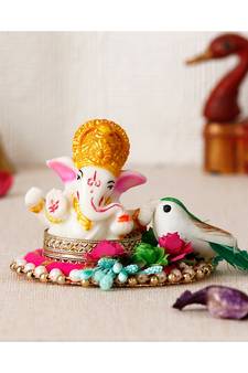 eCraftIndia Lord Ganesha Idol on Decorative Handcrafted Floral Plate with Bird for Home/Temple/Office/Car Dashboard