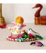 eCraftIndia Lord Ganesha Idol on Decorative Handcrafted Floral Plate with Bird for Home/Temple/Office/Car Dashboard