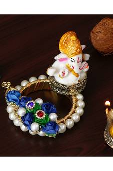 India Lord Ganesha Idol on Blue Floral and Pearl Decorative Handcrafted Singhasan for HomeTempleOfficeCar Dashboard