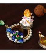 India Lord Ganesha Idol on Blue Floral and Pearl Decorative Handcrafted Singhasan for HomeTempleOfficeCar Dashboard