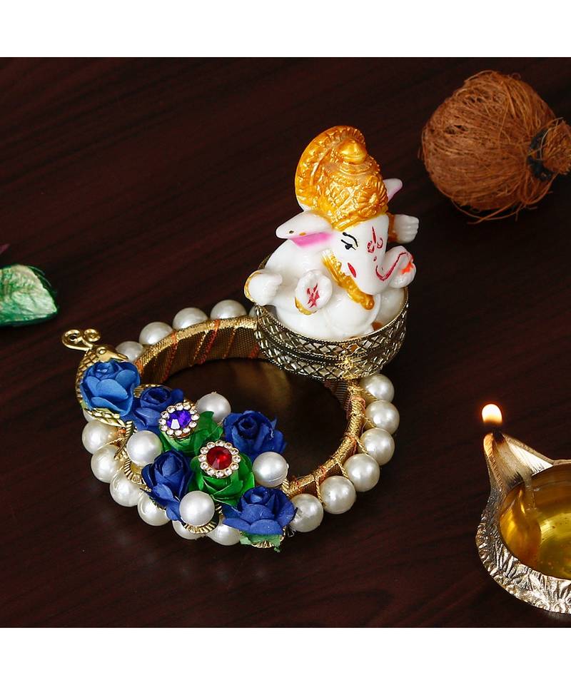 India Lord Ganesha Idol on Blue Floral and Pearl Decorative Handcrafted Singhasan for HomeTempleOfficeCar Dashboard