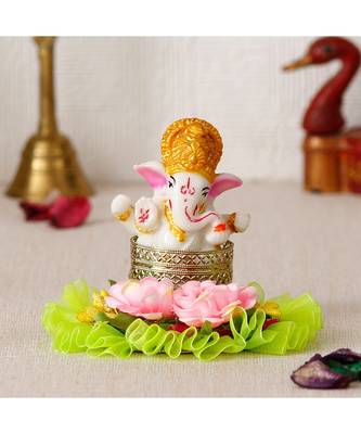 eCraftIndia Lord Ganesha Idol on Floral Decorative Handcrafted Plate for Home/Temple/Office/Car Dashboard 1