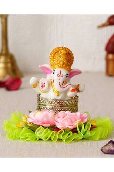 eCraftIndia Lord Ganesha Idol on Floral Decorative Handcrafted Plate for Home/Temple/Office/Car Dashboard